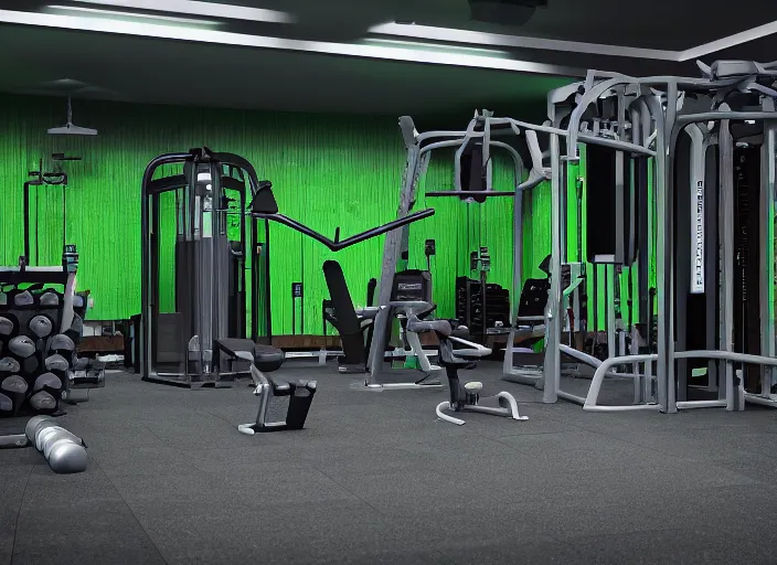 Image similar to photograph of a gym build on a bunker, cinematographic, sharp focus, elegant, green light, unreal engine 5, octane, 4 k