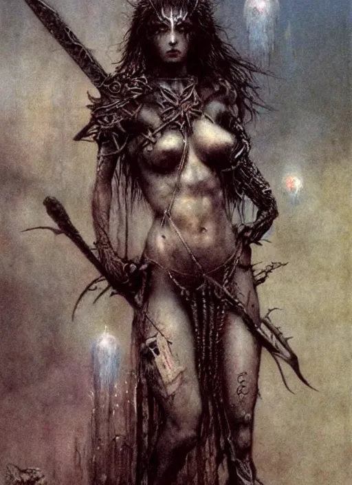 Image similar to bald barbarian teen girl by Luis Royo and Beksinski