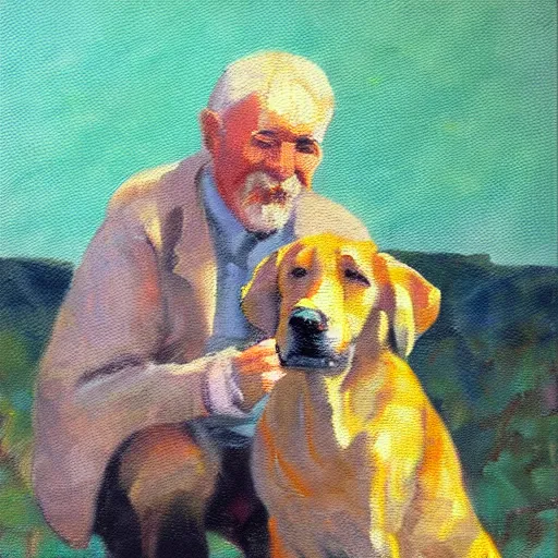 Prompt: an old man with a dog, impressionist, oil on canvas