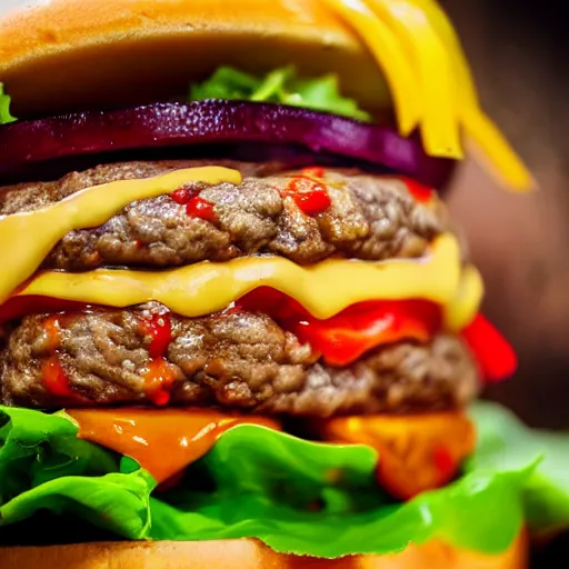 Image similar to Delicious cheeseburger, close up