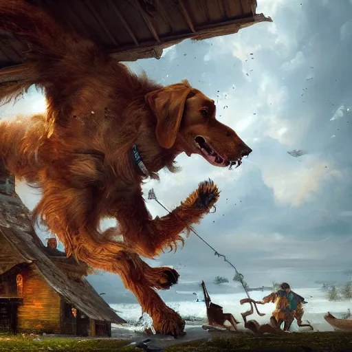 Prompt: a highly detailed oil painting of a giant dog smashing houses renaissance period, 4 k, by greg rutkowski, artstation,