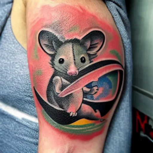 Image similar to tattoo of an opossum flying a plane