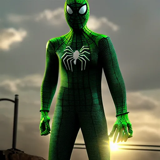 Image similar to green spider - man suit with black web lining, cinematic, volumetric lighting, realistic, hyperdetailed, photorealistic, photograph