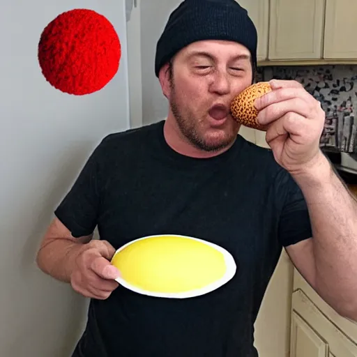 Prompt: the hungriest man in the world eating the world ’ s most delicious egg