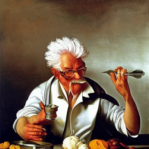 Image similar to Colonel Sanders mixes ingredients in a metal pot. Painted by Caravaggio, high detail