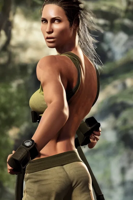 Image similar to olive skinned lara croft model in her twenties, wearing a low cut sport gym, sweat, looking content, focused on her neck, photo realistic, extreme detail skin, natural beauty, no filter, slr, golden hour, 4 k, high definition, selfie