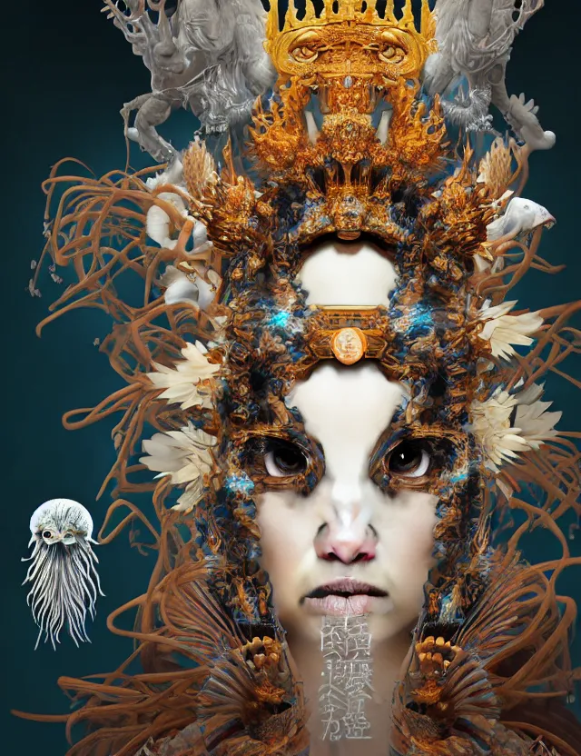 Image similar to 3 d goddess close - up portrait with crown, ram skull. beautiful intricately detailed japanese crow kitsune mask and clasical japanese kimono. betta fish, jellyfish phoenix, bioluminescent, plasma, ice, water, wind, creature, artwork by tooth wu and wlop and beeple and greg rutkowski