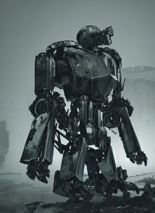 Image similar to mecha wearing black torn cloak cloth exposing chrome internals wiring harness armored damaged. creepy decay style of Roger Deakins Jeremy Saulnier Newton Thomas Sigel Robert Elswit Greig Fraser trending rtx on ue4