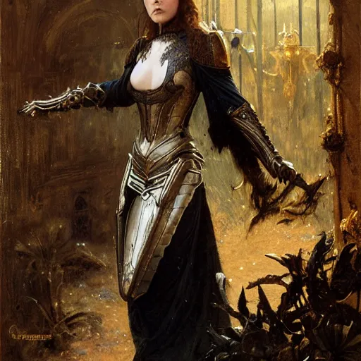 Image similar to florence pugh, wearing dark black ornamented medieval armour, detailed, by gaston bussiere, bayard wu, greg rutkowski, giger, maxim verehin, greg rutkowski, masterpiece, sharp focus,