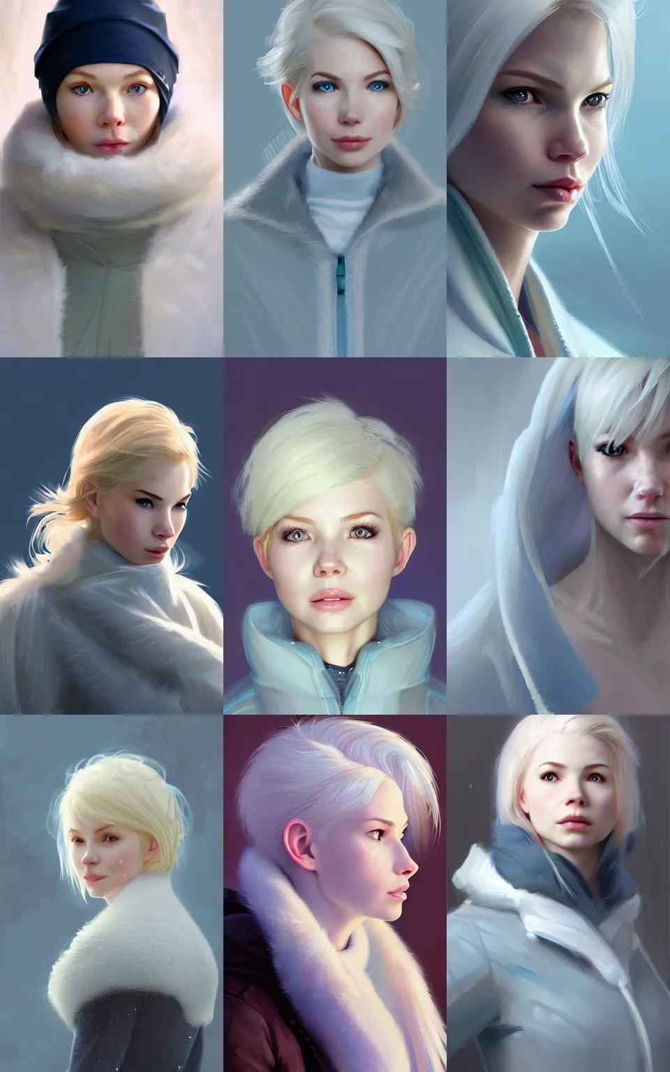 Prompt: character concept portrait, frozen blue skinnned michelle williams suffering from hypothermia, wearing a white winter coat, blond hair, style digital painting, concept art, smooth, sharp focus, illustration, from metal gear, by ruan jia and mandy jurgens and william - adolphe bouguereau, artgerm