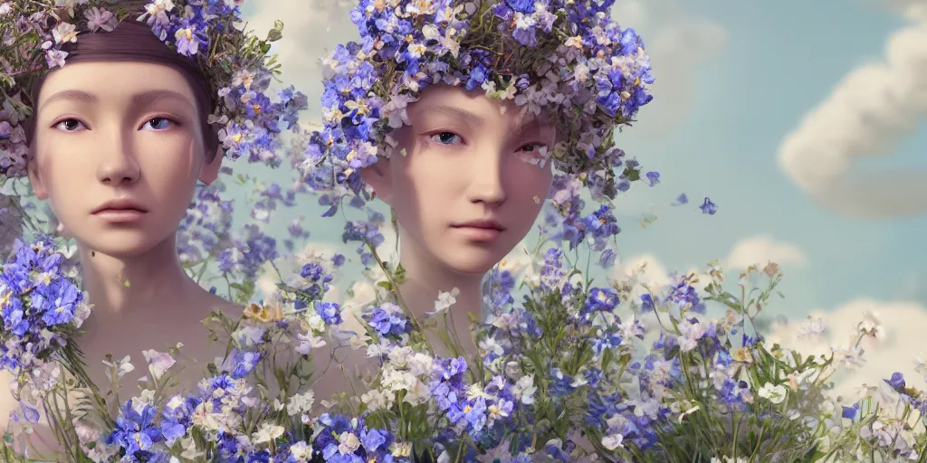 Image similar to goddess of nemophila flowers portrait, amalgamation of leaves and flowers, orthodox saint, beautiful raking sunlight, nemophila flowers. intricate artwork by Hsiao-Ron Cheng. octane render, trending on artstation, greg rutkowski. cinematic, hyper realism, high detail, octane render, 8k