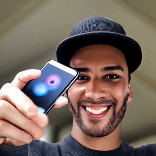 Image similar to happy man takes an instagram selfie using the front camera of an iphone 12 pro max highly detailed 4k quality