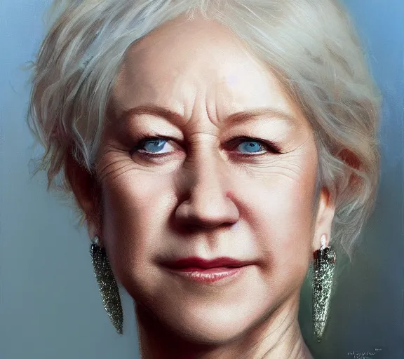 Prompt: a hyper-detailed photograph of Helen Mirren by Craig Mullins; oil on canvas; trending on artstation