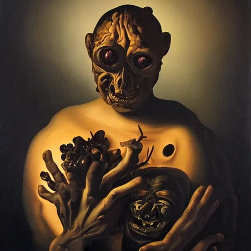 Image similar to oil painting with black background by christian rex van minnen rachel ruysch dali todd schorr of a chiaroscuro portrait of an extremely bizarre disturbing mutated man with acne intense chiaroscuro cast shadows obscuring features dramatic lighting perfect composition masterpiece