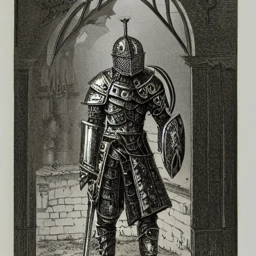 Prompt: gothic knight, intricate etched armor, standing astride a gate, johannes voss