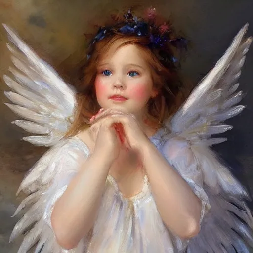 Image similar to a beautiful portrait of an angel with pretty face and her huge white wings spread out painted by gerhartz, highly detailed, beautiful illumination, graceful and elegant,.