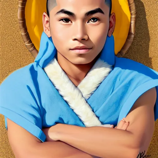 Image similar to beautiful serene intricate portrait of sokka from the water tribe as an inuit young man, dark hair, light blue eyes, smiling softly, relaxing on the beach, golden hour, soft focus, 8 k, art by irakli nadar, hyperrealism, hyperdetailed, ultra realistic