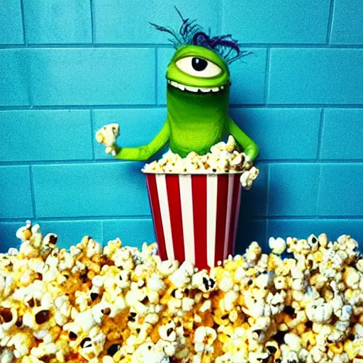 Image similar to mike wazowski falling down the stairs with a bucket of popcorn, iphone photo