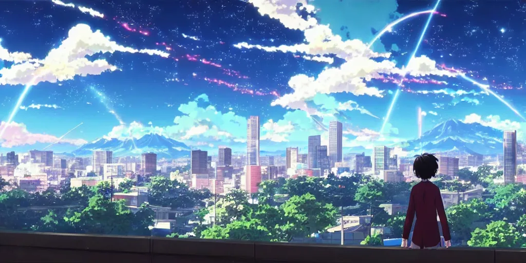 Prompt: a stunning frame from the anime kimi no na wa your name, the girl looks at the city before the end.