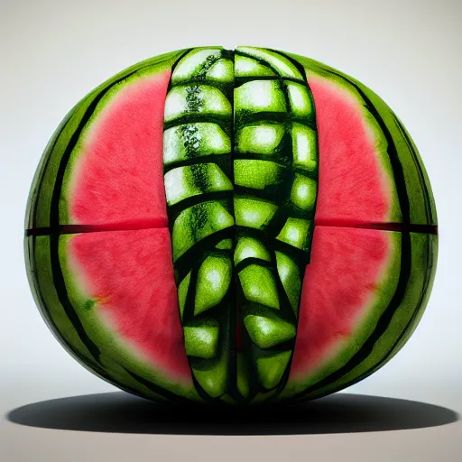 Image similar to wide shot, intricate hyper detailed ultra sharp, watermelon carving, watermelon shaped as star wars stormtrooper helmet, material is!!! watermelon!!!, sharp focus, global illumination, oil painting, museum, masterpiece, vermeer, radiant light, alexandre ferra, irakli nadar, octane render, unreal engine, 4 k, ultra hd,