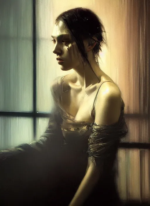 Prompt: a portrait of a beautiful woman inside a modern apartment, intricate oil painting, hyperdetailed, ominous, ethereal, dramatic lighting, by jeremy mann and ruan jia and ilya kuvshinov