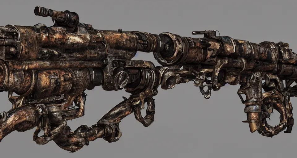 Prompt: Techno-biological rusty large-caliber rifle consisting of tumors, veins, bones, kidneys, wires. Biopunk, body-horror, high detail, photorealism, full length view, very rust, concept art, octane render, 16k, 8k