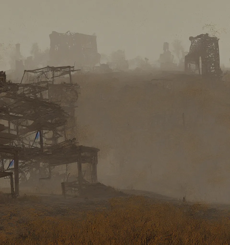 Prompt: rusty broken building constructions of a staircase, the ruins, in the steppe, autumn field, misty background, from the game pathologic 2, early morning, matte painting, by isaac levitan and asher brown durand,