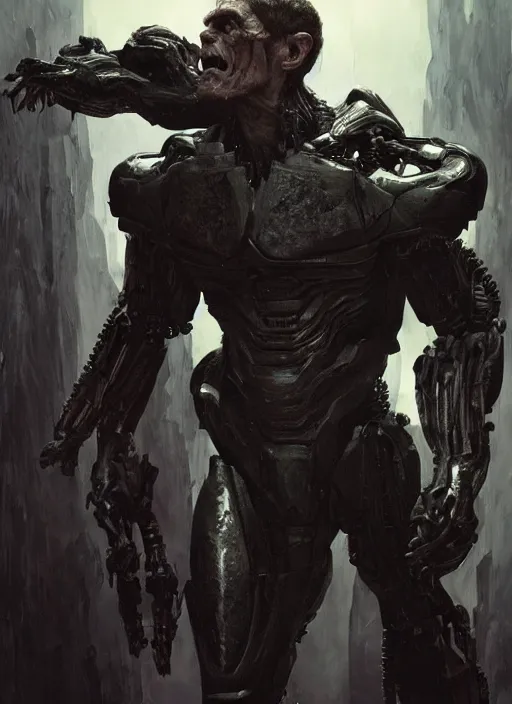 Image similar to willem dafoe as victor stone, full body concept, cyborg, borg, strogg, face of a man, terminator, flesh, quake strogg, doom demon, wolfenstein, monstrous, symmetry, symmetrical, concept art by ruan jia and greg rutkowski