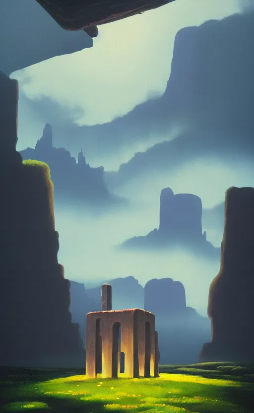 Prompt: hyperrealist painting of a giant flying cube from howl's moving castle ( 2 0 0 4 ) in a flooded monument valley stonehenge jungle. 1 9 7 0 s science fiction, moody, misty, depth perception, 4 k, artstation, in the style of studio ghibli