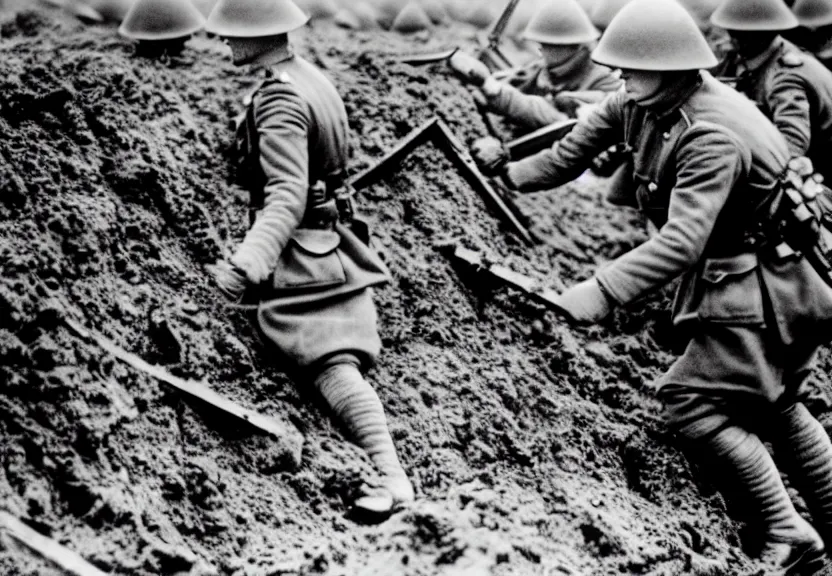 Prompt: detailed photo of queen elizabeth ii fighting in the trenches in ww 1