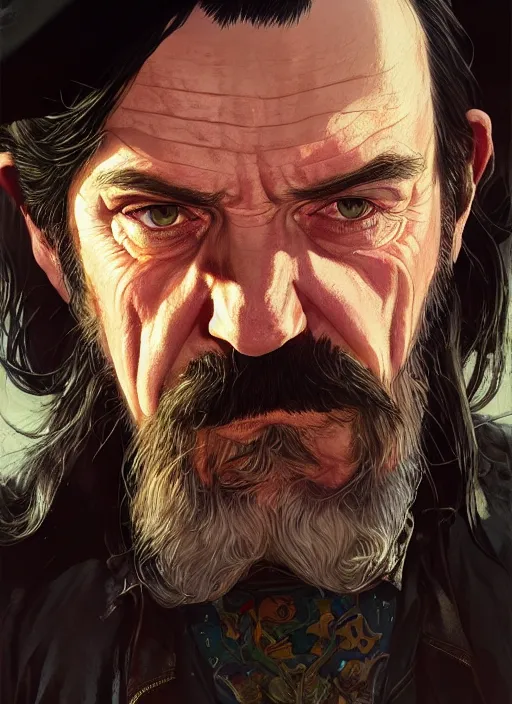 Image similar to highly detailed portrait of lemmy kilmister in gta v, stephen bliss, unreal engine, fantasy art by greg rutkowski, loish, rhads, ferdinand knab, makoto shinkai and lois van baarle, ilya kuvshinov, rossdraws, tom bagshaw, global illumination, radiant light, detailed and intricate environment