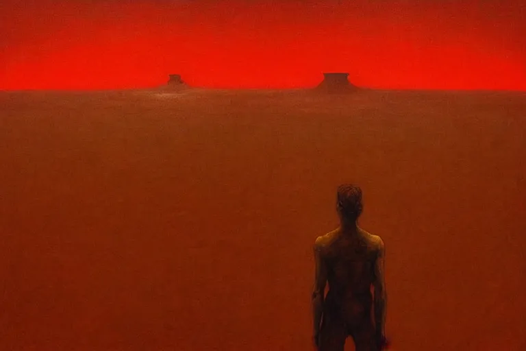 Image similar to only with red, red god of death eat apple, a futuristic city on mars in the background, red worms on the floor, in the style of beksinski, part by hopper, part by rodcenko, part by hofbauer, intricate composition, red by caravaggio, insanely quality, highly detailed, masterpiece, red light, artstation, 8 k