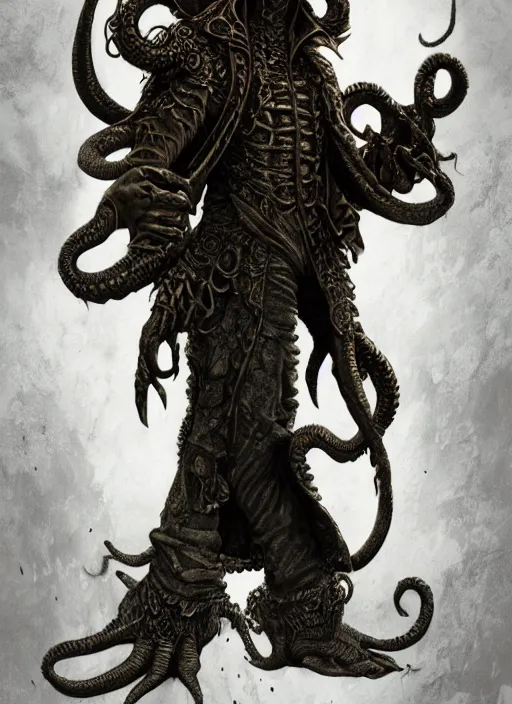 Prompt: detailed full body concept art illustration matte painting of a Cthulhu pirate in full intricate clothing, ultra detailed, digital art, octane render, 4K, dystopian, micro details