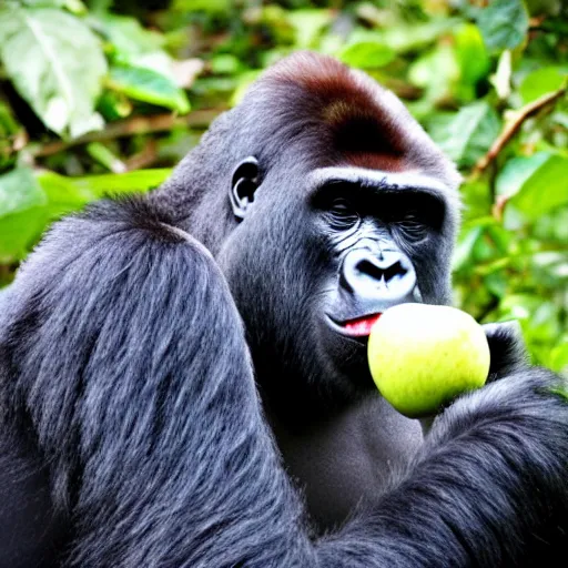 Prompt: a gorilla wearing a top hat and biting into an apple in the rainforest, dslr photo, 60mm