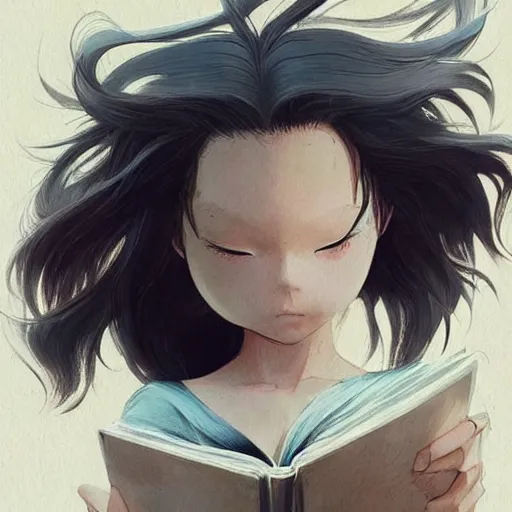 Prompt: a girl reading a book!!!, hair flowing down, symmetric, anatomically correct!, by hayao miyazaki, greg rutkowski