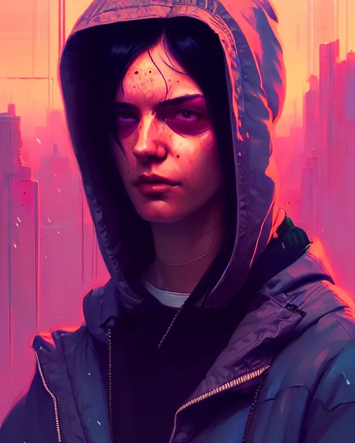 Image similar to cyberpunk synth, hyper - realistic detailed portrait of a man in a hoodie, digital painting, by artgem, by atey ghailan, by greg rutkowski, by greg tocchini, by james gilleard, by joe fenton, by kaethe butcher, sharp focus