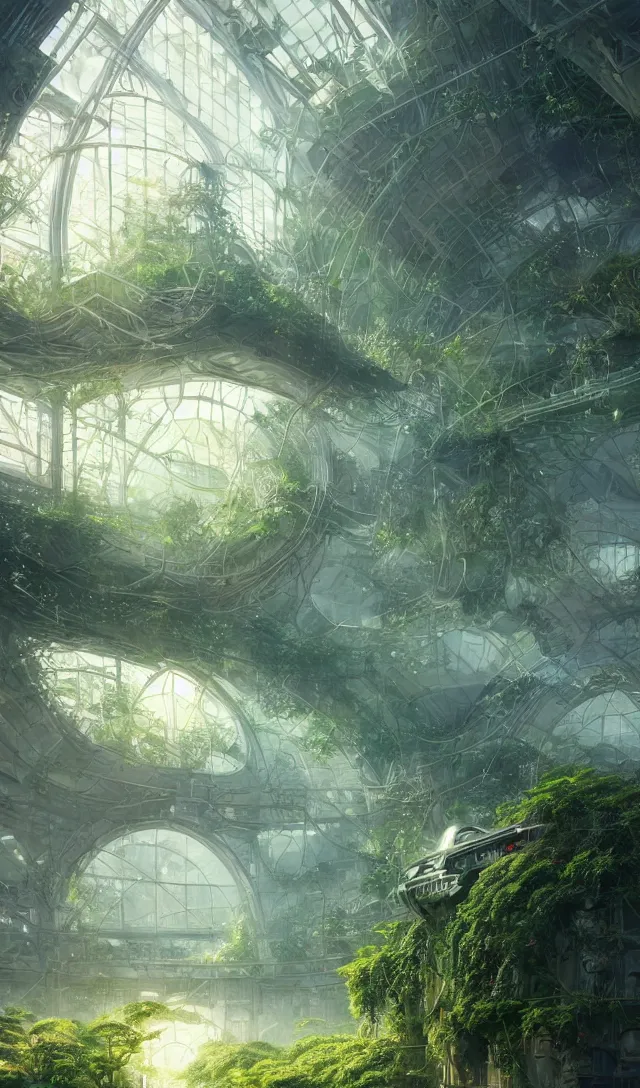 Image similar to vanishing point, green house, spaceship, plants, viewed from afar, stephen bliss, misty, unreal engine, fantasy art by greg rutkowski, loish, ferdinand knab, and lois van rossdraws, global illumination, radiant light, minimalist, detailed and intricate environment