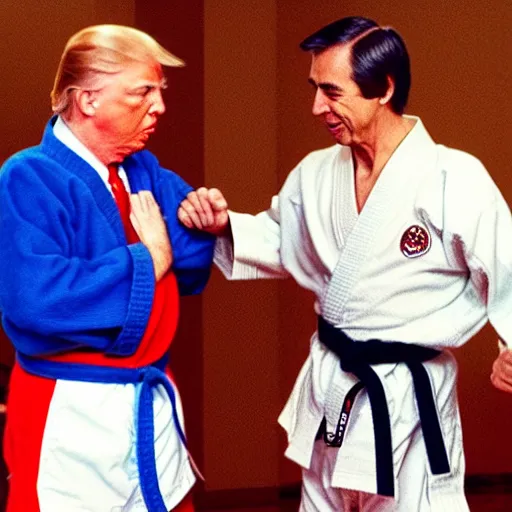 Image similar to Mr. Rogers sparring with Donald Trump in the karate style of Wado-ryu, neon karate gi