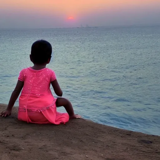 Image similar to a young baby girl sitting in mumbai watching the sunset