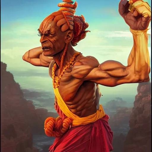 Image similar to apu nahasapeemapetilon as dhalsim from street fighter, 4 k, ultra realistic, detailed focused art by artgerm and greg rutkowski and alphonse mucha