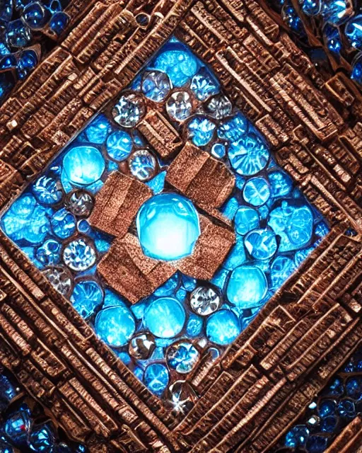 Image similar to beautiful photograph of a diamond filled with intricate cork carvings and copper veins, blue translucent resin, bioluminescent, ultra realistic, ultra detailed, masterpiece, 8 k octane render, ambient diffusion, subsurface scattering, trending on artstation, cgstudio