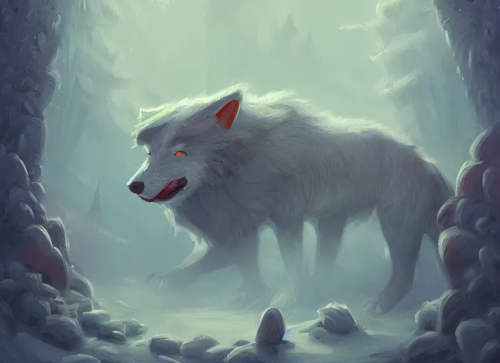 Prompt: a cartoonish cute big wolf is at the door of a giant pile of straws, magical atmosphere, trending on artstation, 30mm, by Noah Bradley trending on ArtStation, deviantart, high detail, stylized portrait H 704