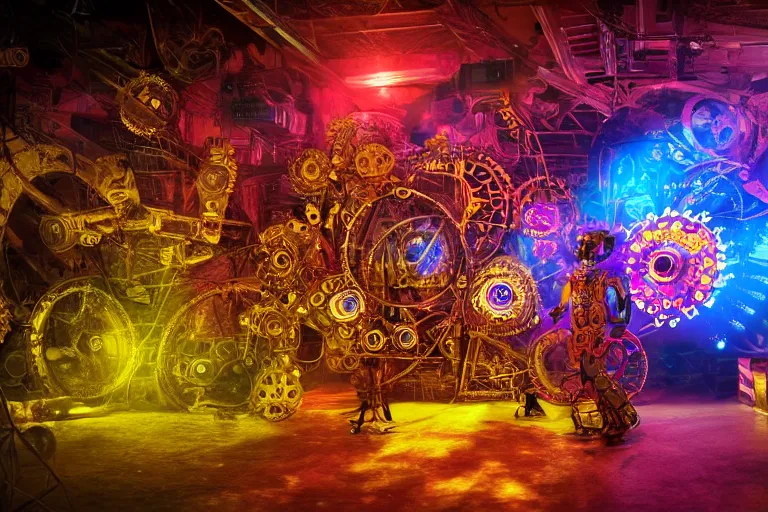 Image similar to scene is flower power party in pacha in ibiza, portrait photo of a giant huge golden and blue metal steampunk robot, with gears and tubes, eyes are glowing red lightbulbs, shiny crisp finish, 3 d render, 8 k, insaneley detailed, fluorescent colors, haluzinogetic, background is multicolored lasershow