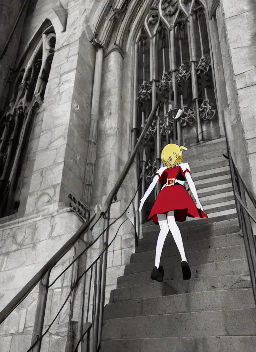 Prompt: charming elf girl climbing the stairs to the cathedral, anime still, Madhouse Animations