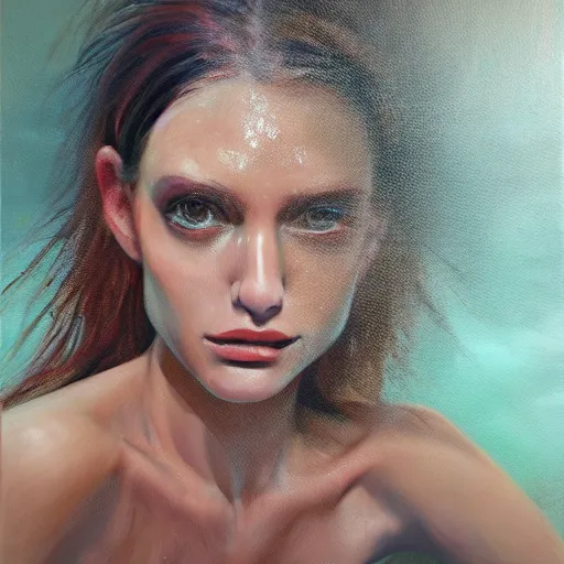 Image similar to hyperrealism oil painting, fashion model portrait underwater