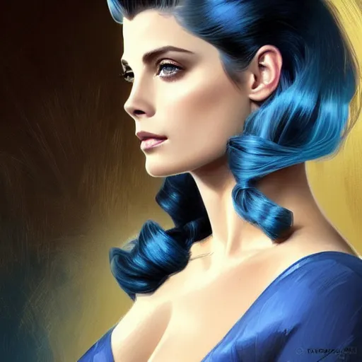 Prompt: Ashley Greene's face combined with Grace Kelly's face with blue hair wearing power armor, western, D&D, fantasy, intricate, elegant, highly detailed, digital painting, artstation, concept art, matte, sharp focus, illustration, art by Artgerm and Greg Rutkowski and Alphonse Mucha