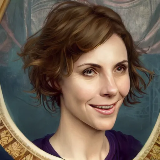 Prompt: portrait of sabrina lloyd / nicole de boer / perdita weeks / alison brie, hybrid, smiling, 8 k highly detailed, sharp focus, illustration, art by artgerm, mucha, bouguereau, tim hildebrandt