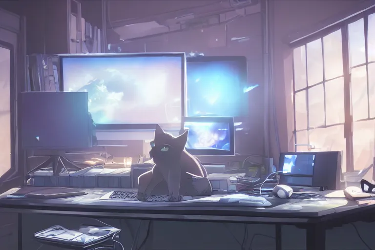 Image similar to a nerdy caracal is programming at a computer in a room full of gadgets, by makoto shinkai and ghibli studio, dramatic lighting, highly detailed, incredible quality, trending on artstation