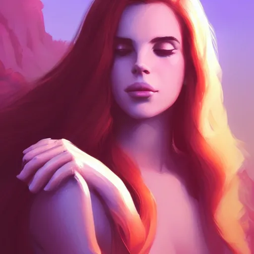 Prompt: portrait of beautiful long haired lana del rey, maya ali mage, gloomhaven, dynamic lighting, gaudy colors, octane render aesthetic, matte painting concept art, official fanart behance hd artstation by jesper ejsing, by rhads and makoto shinkai and lois van baarle and ilya kuvshinov and rossdraws