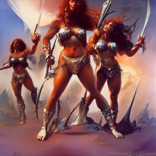 Prompt: barbariennes, a horde of female barbarians, frank frazetta, boris vallejo, julie bell, fantasy painting, 8 k, hdr, perfect composition, striking color, beautiful artwork